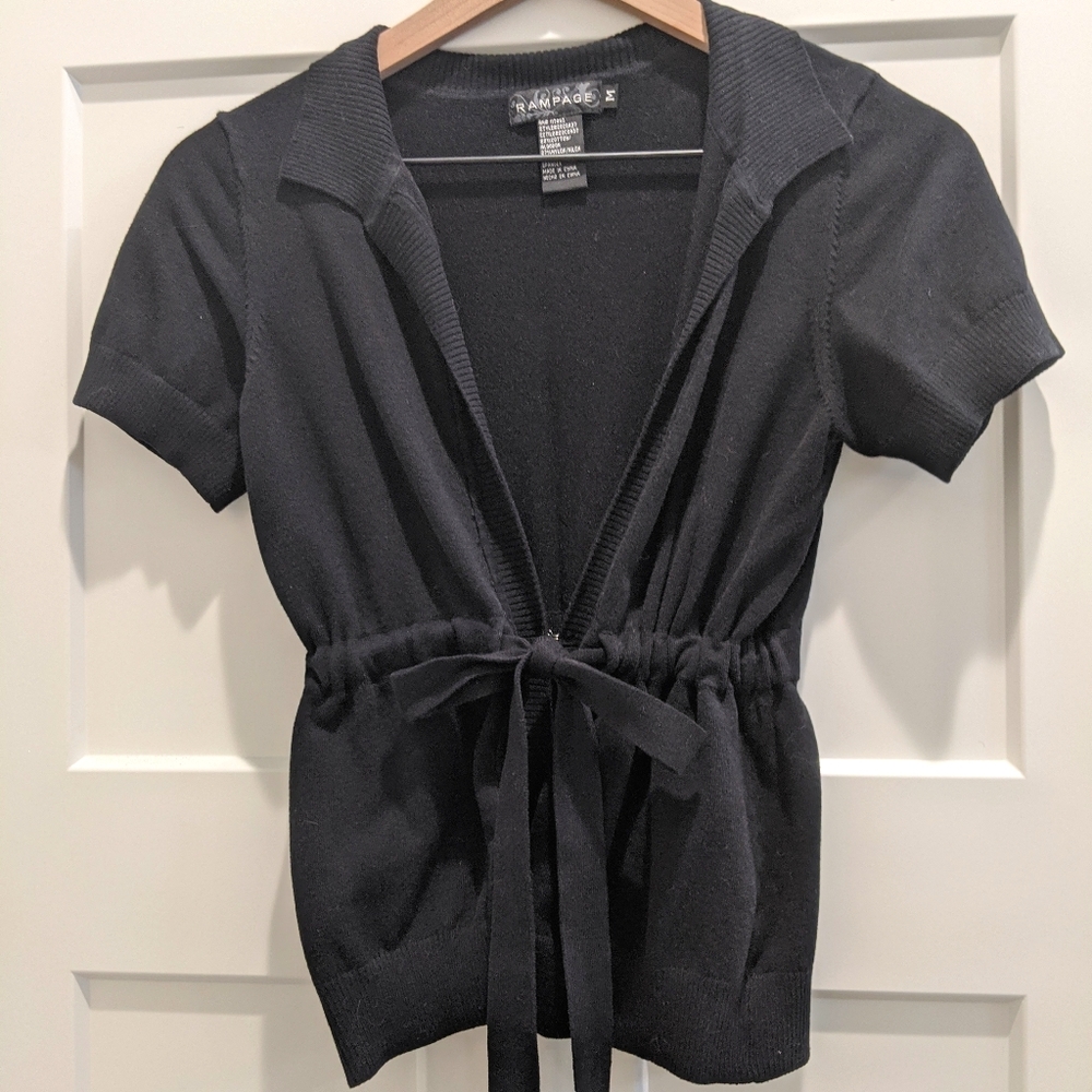 Black Short-Sleeve Sweater with Tie at Waist